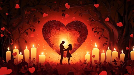 Poster - Burning Christmas candles  velanstain day with glowing flames  and heart on a red background