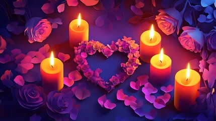 Poster - Burning Christmas candles  velanstain day with glowing flames  and heart on a red background