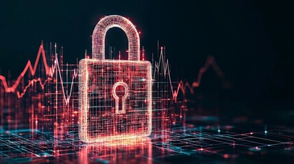 Poster - Digital padlock with glowing lines and graphs, symbolizing cybersecurity and data protection in a tech environment.