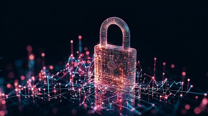 Poster - A digital lock symbolizing cybersecurity, surrounded by glowing data points, representing protection and technology.