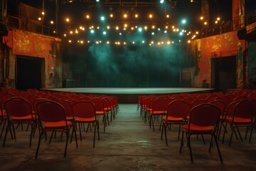 Aufkleber - Empty vintage theatre with red chairs and stage lighting waiting for the show