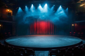 Aufkleber - Round stage illuminating empty theatre with red curtain and blue lights