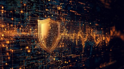 Poster - Digital backdrop featuring a glowing shield symbolizing cybersecurity, surrounded by data streams and golden lines representing protection and technology.