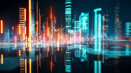 Aufkleber - Futuristic cityscape with vibrant neon lights and reflections, showcasing modern urban technology in mesmerizing digital environment.