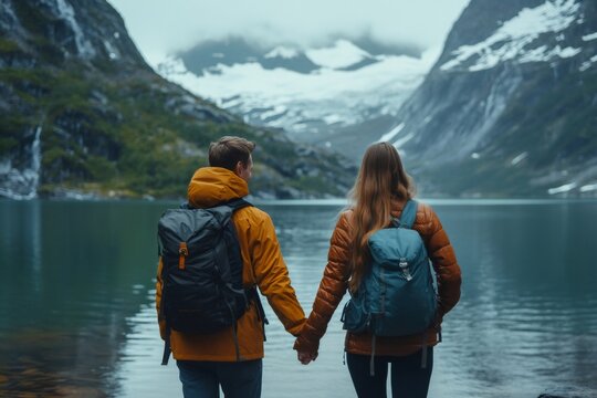Hikers holding hands and admiring scenic mountain lake view