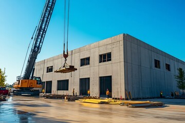 Construction crane lifting materials at building site on a sunny day