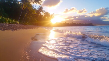 Canvas Print - Stunning sunset over tropical beach with palm trees, golden sand, and gentle waves.