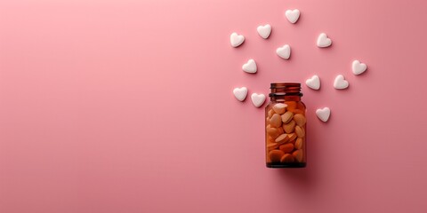 Bottle and some scattered pills in shape of hearts on a pink background. Banner with copy space. Concept for cardiovascular disease treatment.