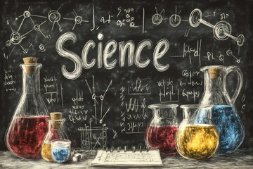 Fototapete - Science experiment with beakers and flasks displaying chemical reactions on blackboard