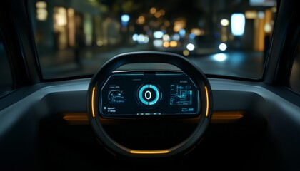 Fototapete - Interior Close Up, Futuristic Electric Car Dashboard, Advanced Technology, Warm Showroom Lighting
