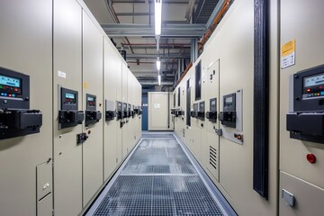 Poster - Electrical panels distributing power in server room with metal floor