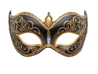 Venetian carnival eye mask with golden details. On transparent background.