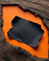 Wall Mural - Torn Black Paper with Bright Orange Background on Wooden Surface