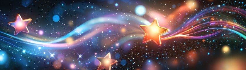 Wall Mural - A vibrant cosmic scene featuring swirling colors and glowing stars against a dark background, evoking a sense of wonder and magic, network illustration