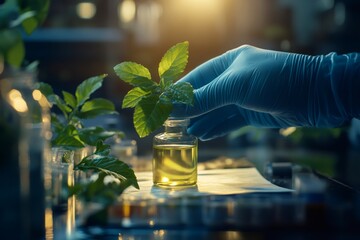 Aufkleber - Scientist holding medicinal plant near essential oil bottle in laboratory