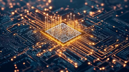 Poster - A close-up view of a glowing microchip surrounded by intricate circuitry, illustrating advanced technology and digital connections.