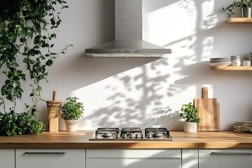 Poster - Modern minimalist kitchen with plants and sunlight illuminating white wall