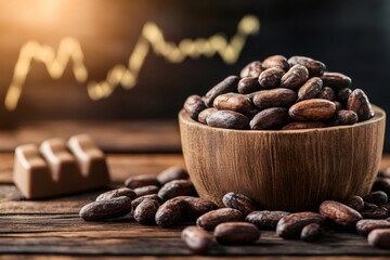 Poster - Cocoa beans and chocolate with stock market chart showing rising prices
