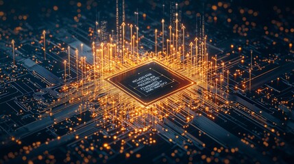 Poster - A close-up view of a glowing microchip surrounded by vibrant, radiant lines, representing technological advancement and digital connectivity.