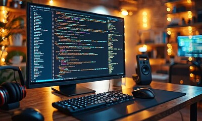 Computer screen displaying code at a programmer's desk.
