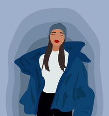 Wall Mural - Illustration of brunette winter girl on blue background.