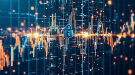 Poster - Digital lock on a data visualization background with glowing lines and nodes, representing cybersecurity and data protection concepts.