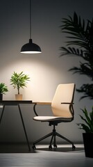 Wall Mural - Modern Minimalist Office Space with Warm Lighting and Comfortable Chair. Perfect for Focus and Productivity. A Stylish and Functional Interior Design.