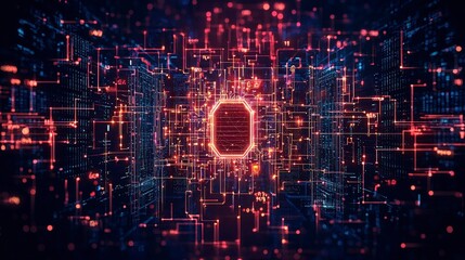 Poster - Abstract illustration of a digital network with vibrant red and blue lines converging towards a central glowing element, symbolizing technology and data flow.