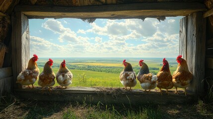 Poster - Hens sitting in a row, looking out a rustic window at a sunny landscape.