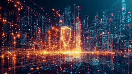 Poster - Digital cityscape with a glowing shield symbolizing cybersecurity amidst vibrant data streams and abstract buildings.