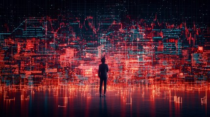 Poster - A silhouetted figure stands before a vibrant digital landscape filled with abstract red and blue data visualizations.
