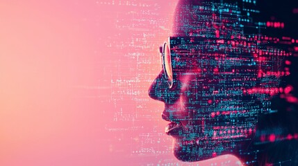 Poster - Profile view of a person wearing sunglasses, overlaid with a digital binary code pattern in vibrant colors against a soft gradient background.
