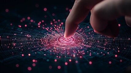Poster - A finger touches a glowing, abstract digital network with pink particles, symbolizing interaction with technology or data.