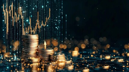 Poster - Glowing coins with digital graphs, symbolizing finance and investment growth in a dark, illuminated setting.