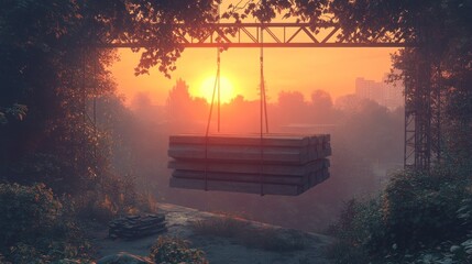 Poster - Industrial construction materials being lifted by crane at sunrise through a forested area.