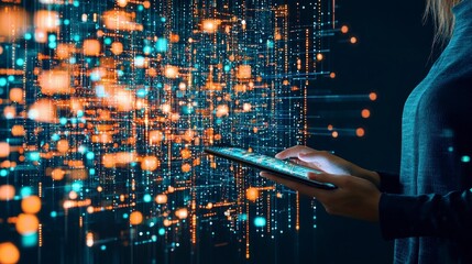 Poster - A person interacts with a digital interface filled with glowing data points, illustrating technology and innovation in a modern setting.
