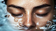 © Kalana - close up of woman face partially submerged in water, eyes closed, with droplets falling and creating ripples, evoking calm and tranquility with copy space