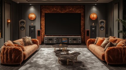 Canvas Print - Luxurious home theater, velvet sofas, high-end audio.