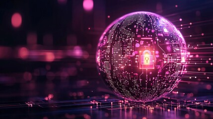 Poster - A glowing sphere with digital patterns and a lock symbol, symbolizing cybersecurity and data protection in a futuristic setting.