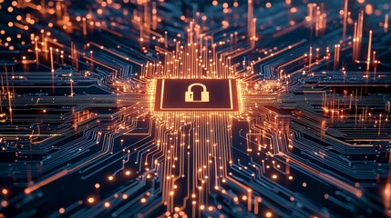 Poster - Digital illustration of a secure lock symbol surrounded by glowing circuits, representing cybersecurity and data protection.