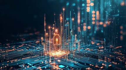 Poster - Futuristic cityscape emerging from a digital circuit board, illuminated by glowing data streams and vibrant lights in a high-tech environment.