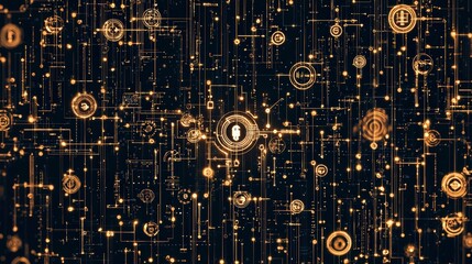 Poster - Abstract digital background with glowing golden symbols and lines on a dark backdrop, representing technology and data networks.