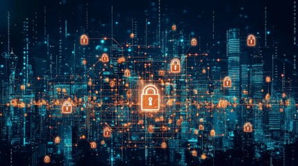 Poster - Digital locks symbolize cybersecurity amidst a networked cityscape, highlighting data protection and technological advancement.