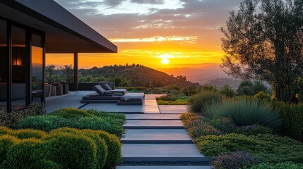 Wall Mural - Modern house, sunset view, landscaped patio.