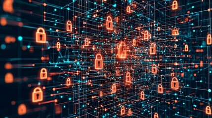 Poster - A digital network filled with glowing padlock icons, symbolizing cybersecurity and data protection in a technological landscape.