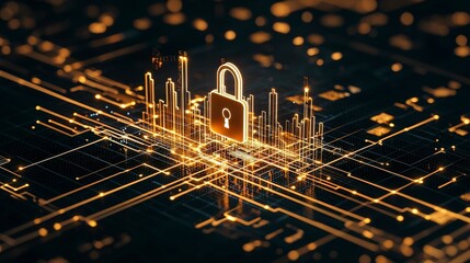 Poster - Digital representation of a secured cityscape with a glowing padlock symbol, highlighting cybersecurity and technology.