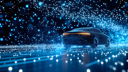 Poster - Futuristic car illuminated by digital particles in a mesmerizing blue environment