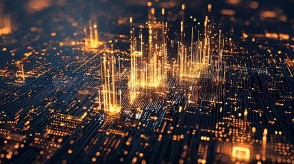 Poster - Abstract digital landscape with glowing data streams and circuit-like patterns, representing technology and innovation.