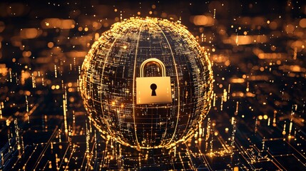 Poster - A glowing globe with a padlock symbolizes digital security and protection, surrounded by shimmering particles suggesting advanced technology.