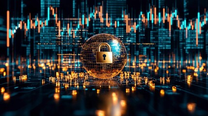 Poster - A digital lock sphere symbolizes cybersecurity amidst a backdrop of glowing data streams and financial graphs.